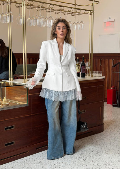 Elegant Loose Fit Blazer with Lace Hem