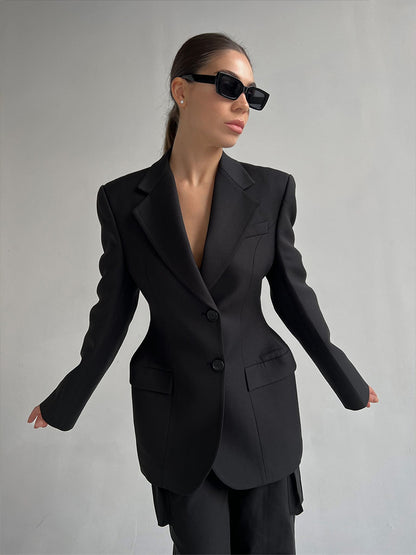 V-neck Single-Breasted Waist-Cinched Blazer