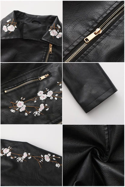 Embroidered Faux Leather Biker Jacket