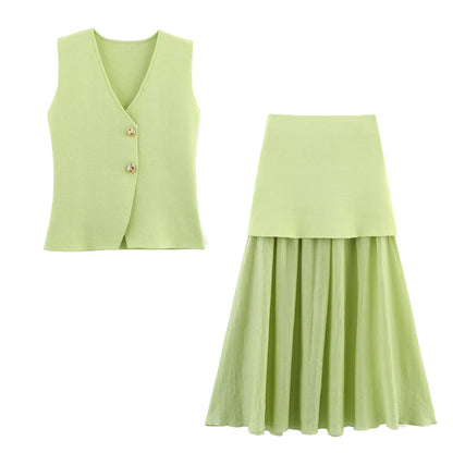 V-neck knit vest long skirt set