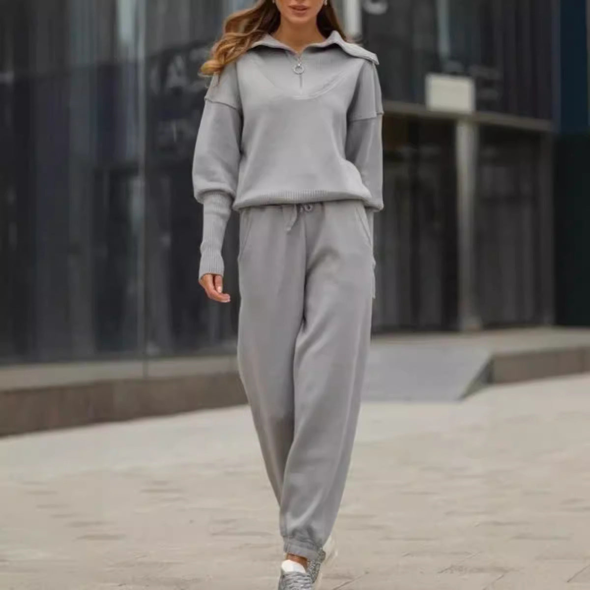 Casual Solid Color Zipper Hoodie Two-Piece Set