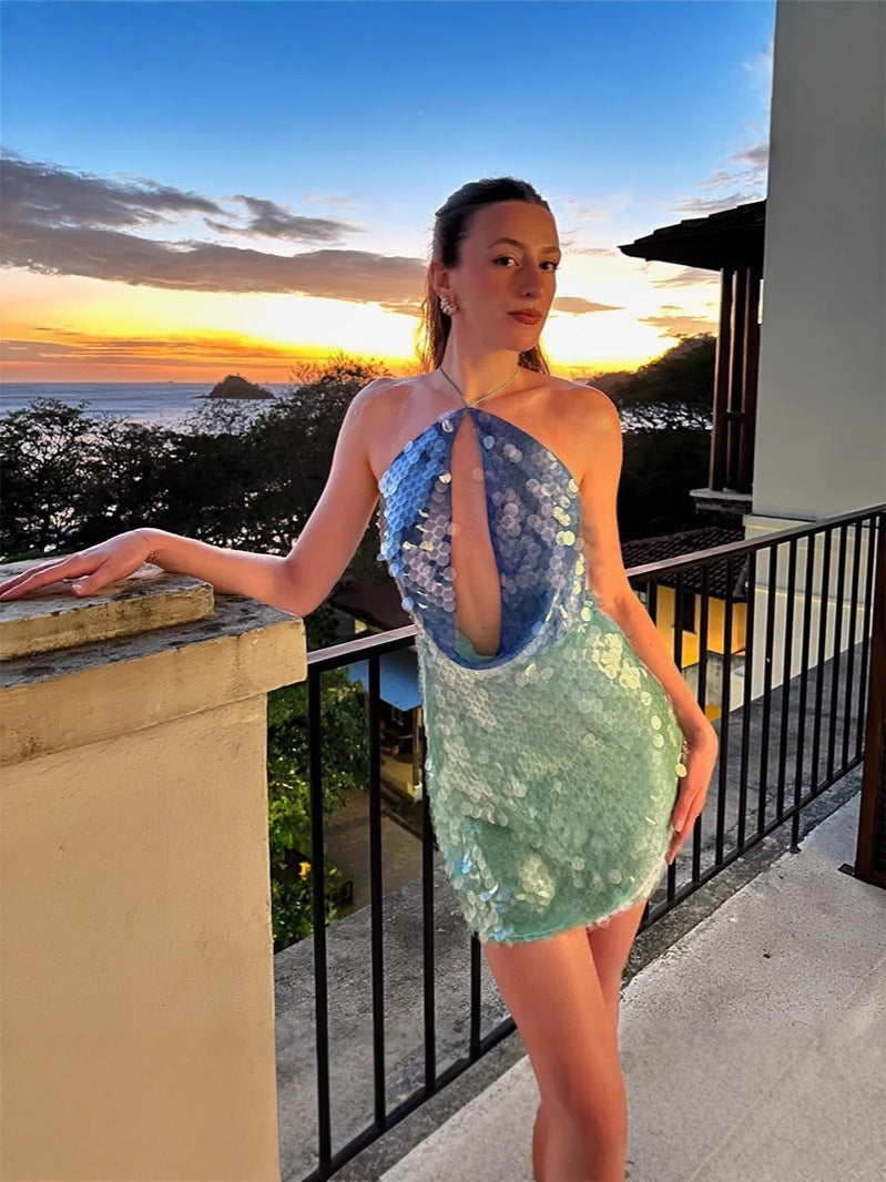 Sexy Backless Sequin Halter Sling Dress