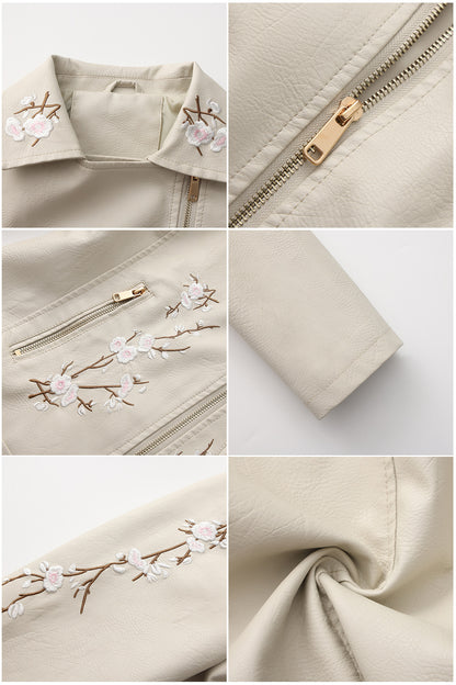 Embroidered Faux Leather Biker Jacket