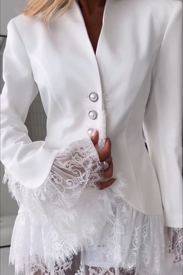 Elegantes Spitzen-Patchwork Blazer-Kleid-Set