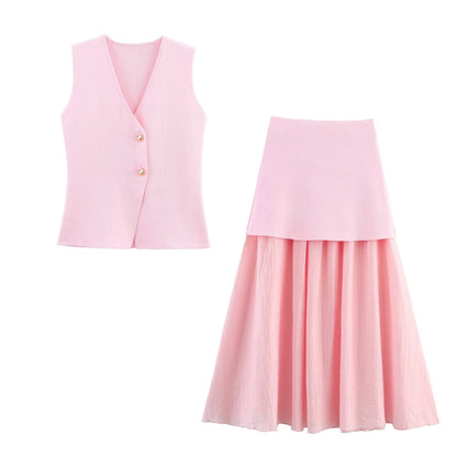 V-neck knit vest long skirt set