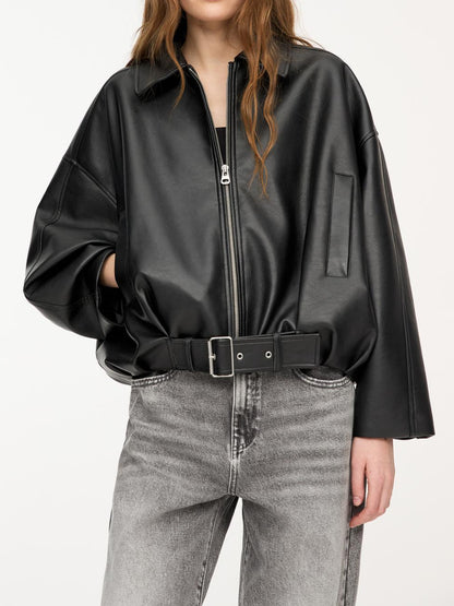 Oversized Faux Leather Jacket for Women