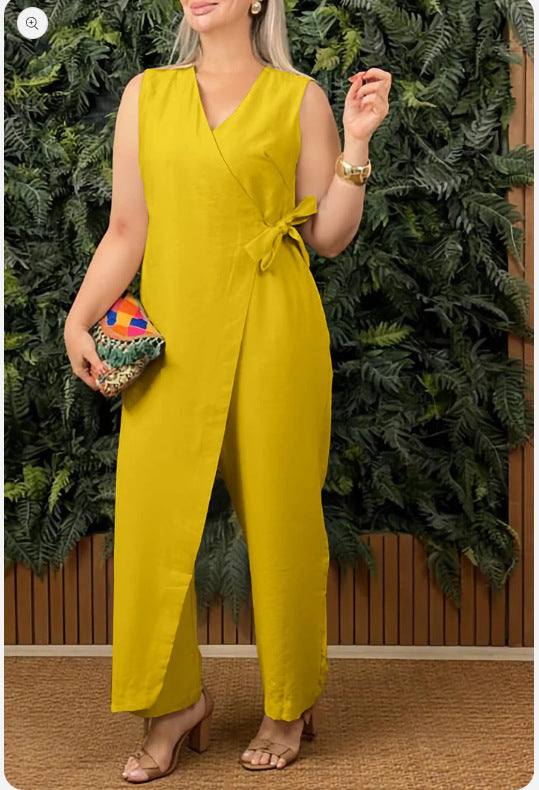 Solid Color Cross-Tie V-Neck Sleeveless Jumpsuit Dress