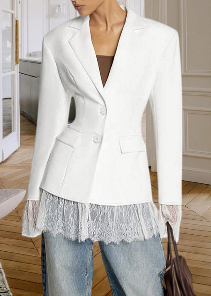 Elegant Loose Fit Blazer with Lace Hem