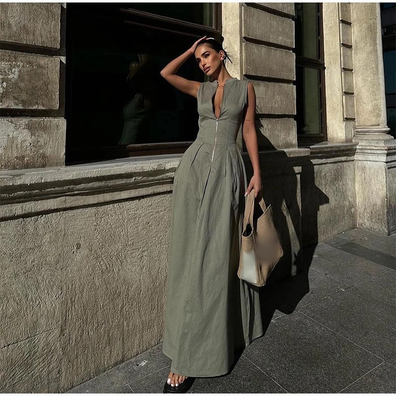 Minimalist Sleeveless Zip Closure Midi Dress