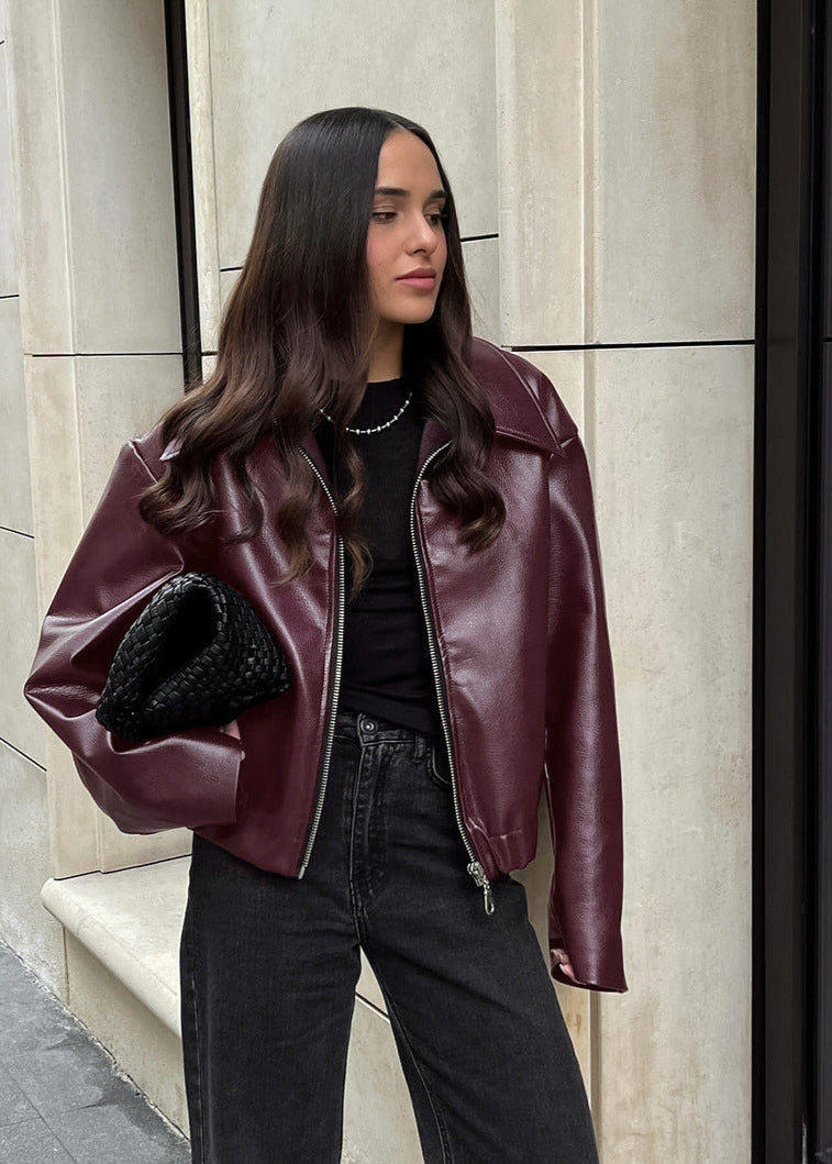 Burgundy Lapel Faux Leather Jacket