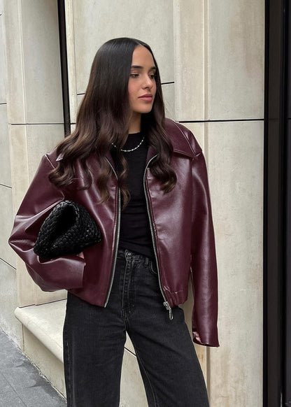 Burgundy Lapel Faux Leather Jacket