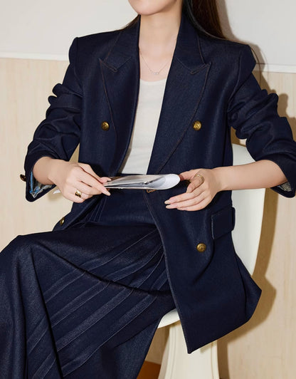 Double-Breasted  Blazer + Elegant Flared Maxi Skirt