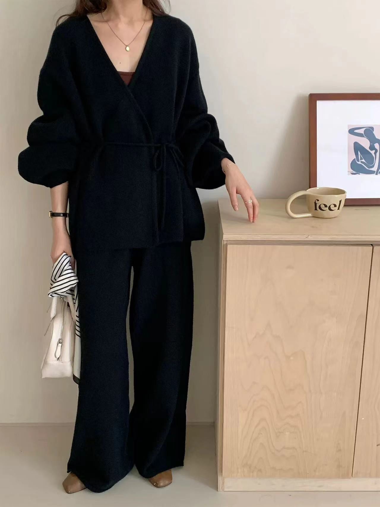 V-Neck Lantern Sleeve Cardigan + Pants Set