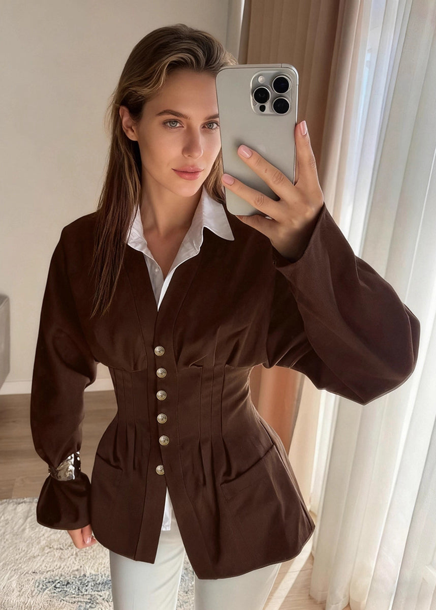 Elegant French-Style V-Neck Waist-Cinched Long Sleeve Blouse for Women – Autumn Slim Fit Shirt Top