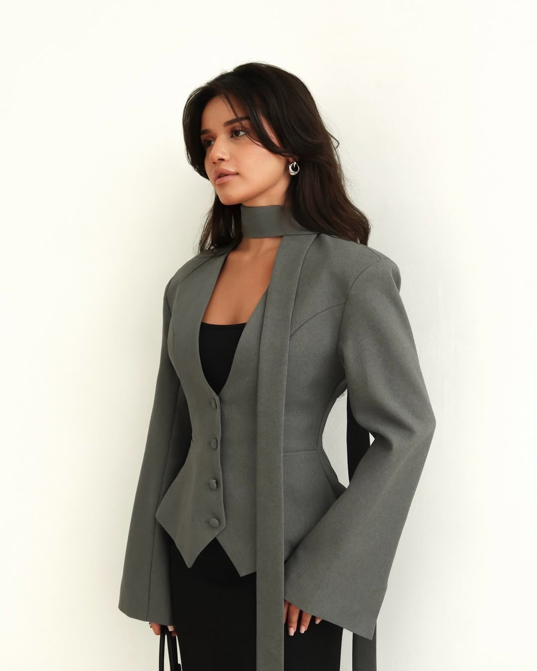 V-Neck Padded Shoulder Cropped Blazer