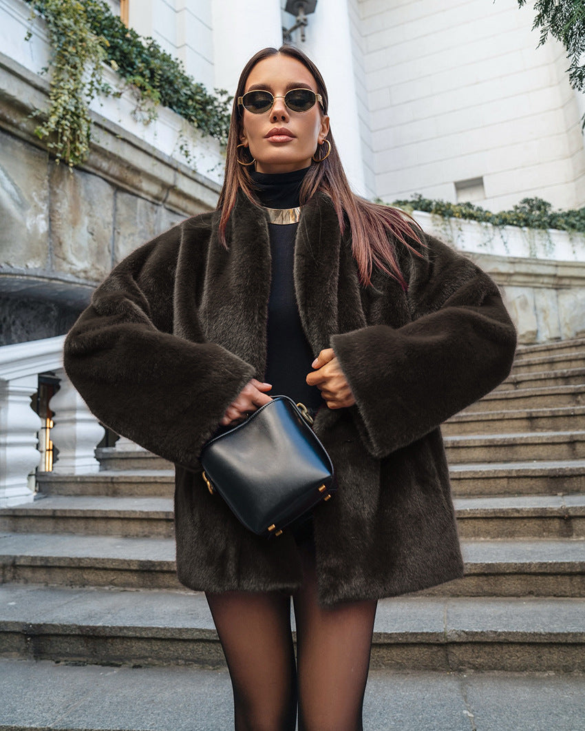 Luxury Faux Mink Fur Coat Women – Elegant Oversized Long Sleeve Plush Jacket for Fall & Winter