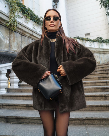 Luxury Faux Mink Fur Coat Women – Elegant Oversized Long Sleeve Plush Jacket for Fall & Winter