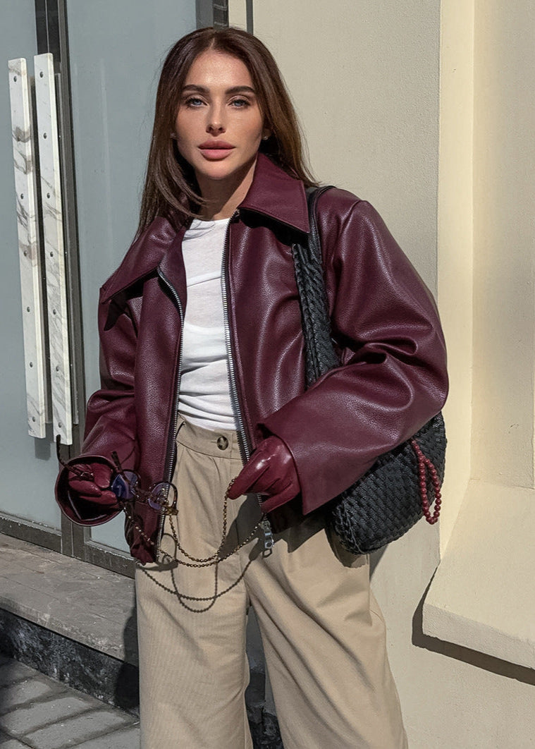 Burgundy Lapel Faux Leather Jacket