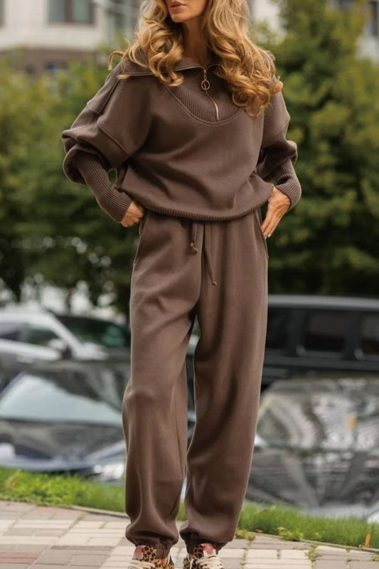 Casual Solid Color Zipper Hoodie Two-Piece Set