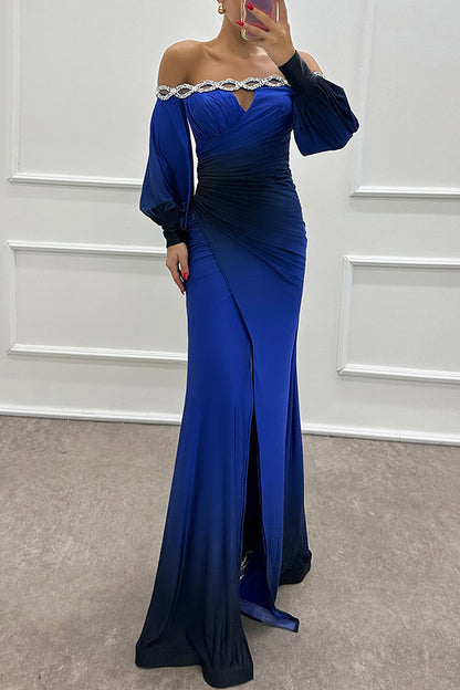 Women’s Off-Shoulder Gradient Print Maxi Dress – Long Sleeve INS Party Dress