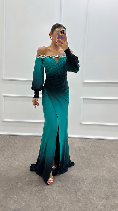 Women’s Off-Shoulder Gradient Print Maxi Dress – Long Sleeve INS Party Dress