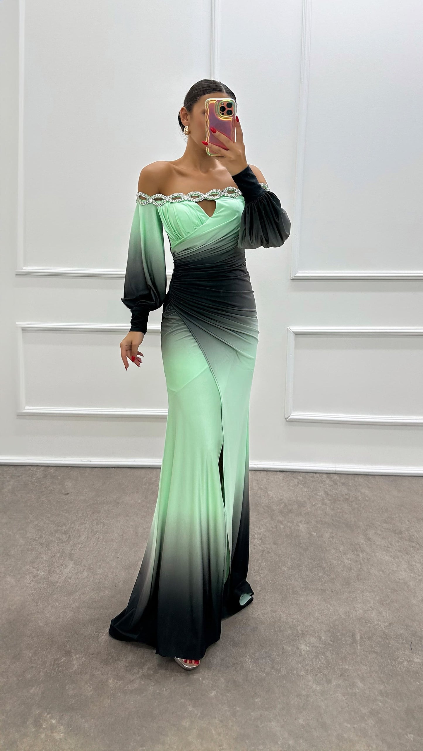 Women’s Off-Shoulder Gradient Print Maxi Dress – Long Sleeve INS Party Dress