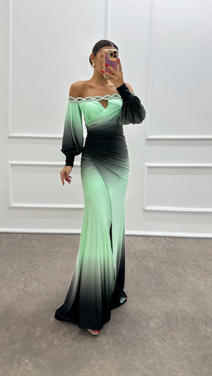 Women’s Off-Shoulder Gradient Print Maxi Dress – Long Sleeve INS Party Dress