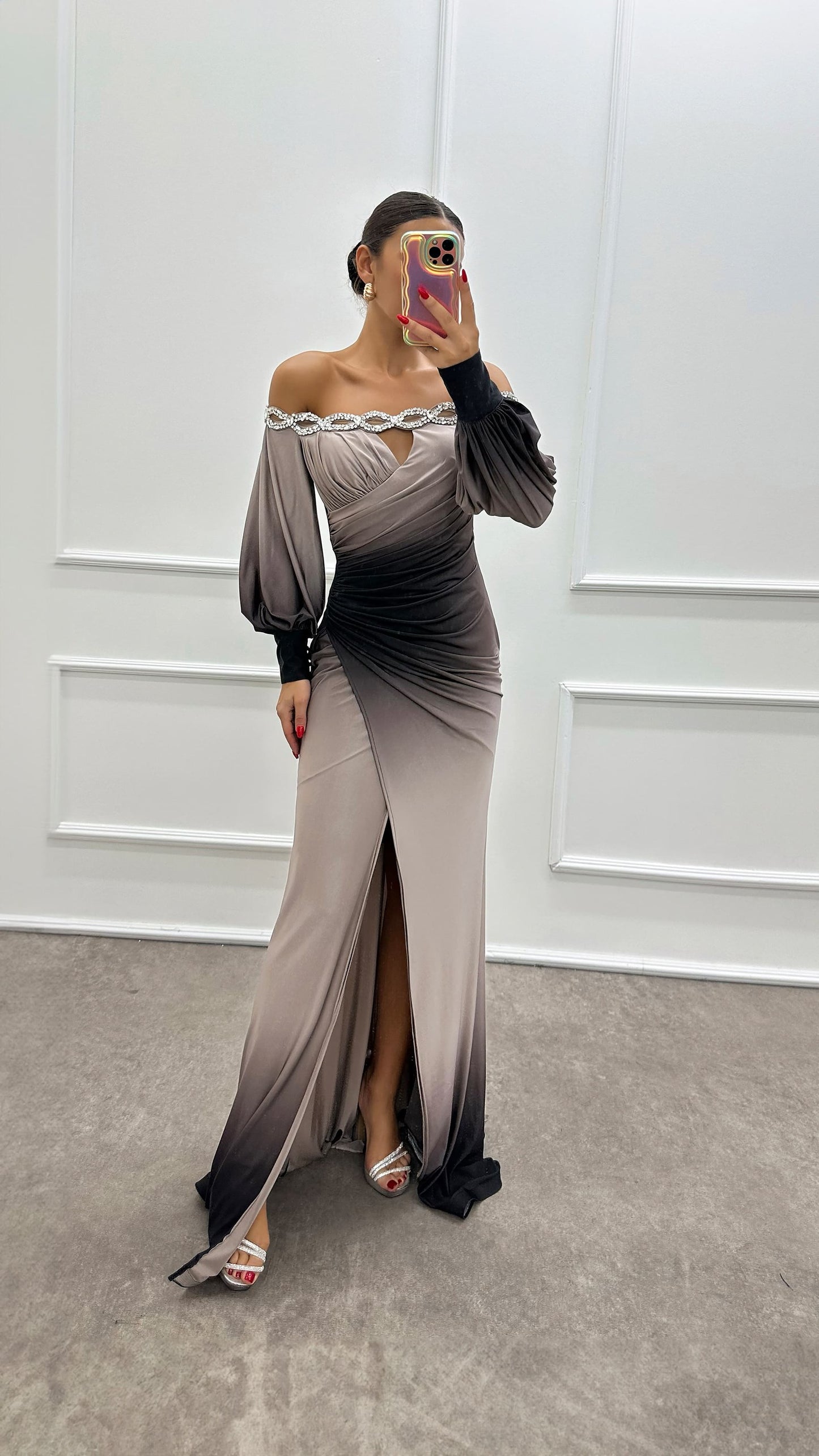 Women’s Off-Shoulder Gradient Print Maxi Dress – Long Sleeve INS Party Dress