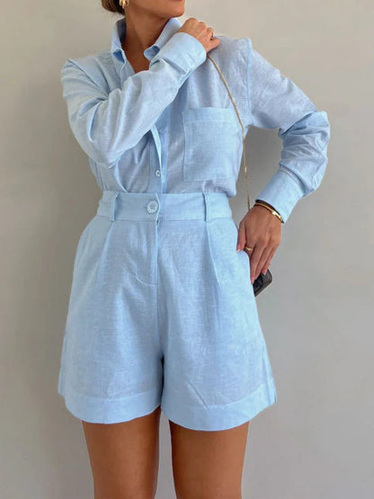 Casual short suit trousers long sleeve shirt set