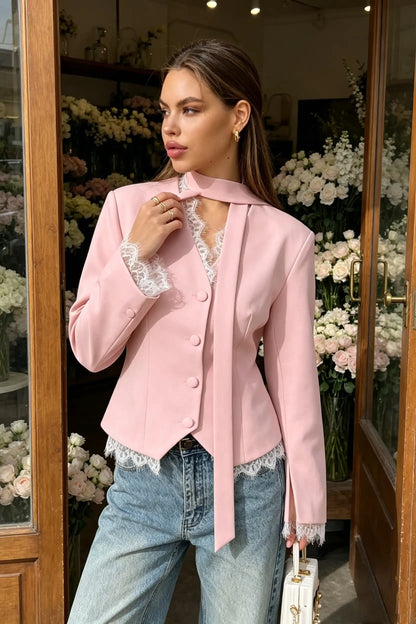 Elegance V-Neck Lace Trim Tailored Blazer with Scarf Accent