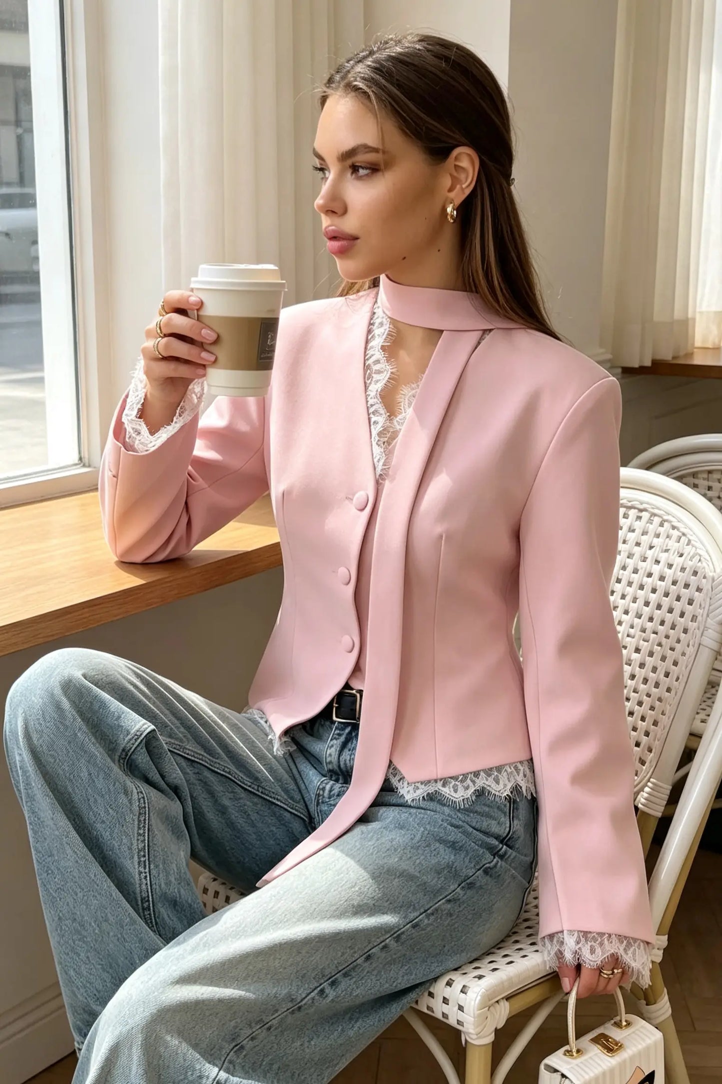 Elegance V-Neck Lace Trim Tailored Blazer with Scarf Accent