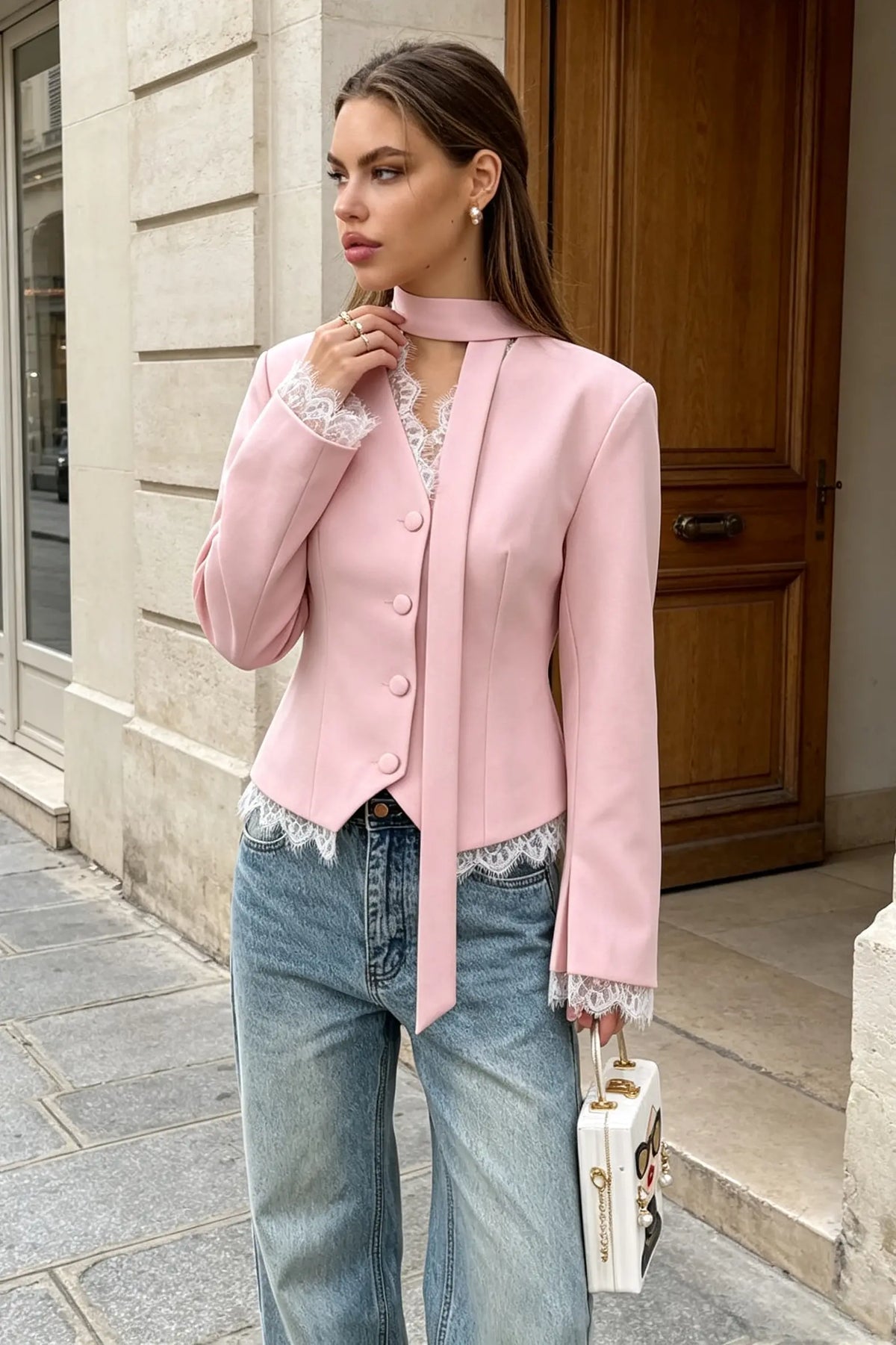 Elegance V-Neck Lace Trim Tailored Blazer with Scarf Accent