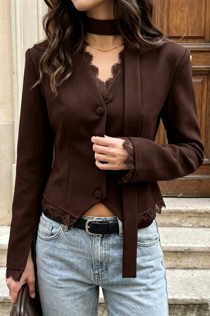 Elegance V-Neck Lace Trim Tailored Blazer with Scarf Accent