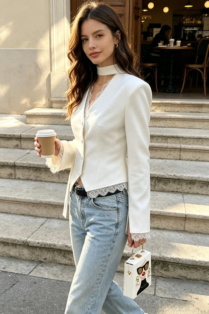 Elegance V-Neck Lace Trim Tailored Blazer with Scarf Accent