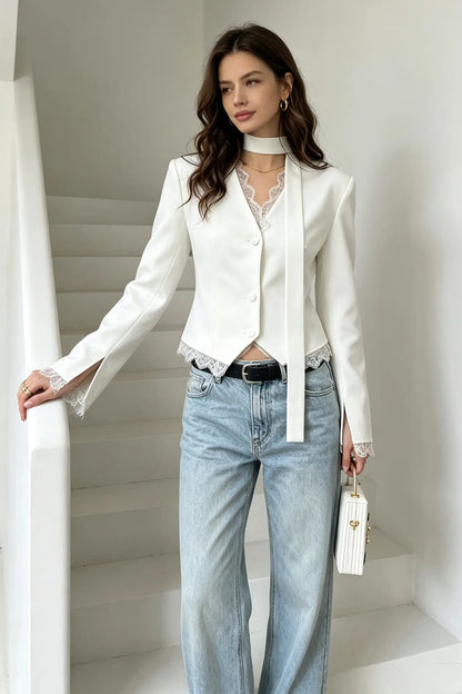 Elegance V-Neck Lace Trim Tailored Blazer with Scarf Accent