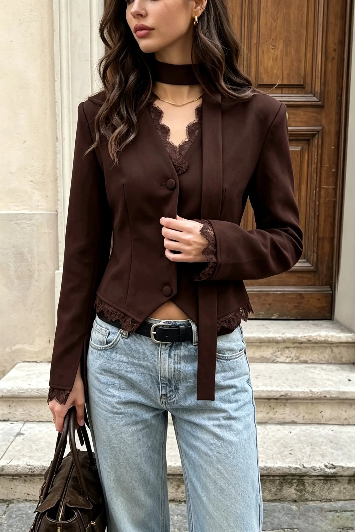 Elegance V-Neck Lace Trim Tailored Blazer with Scarf Accent