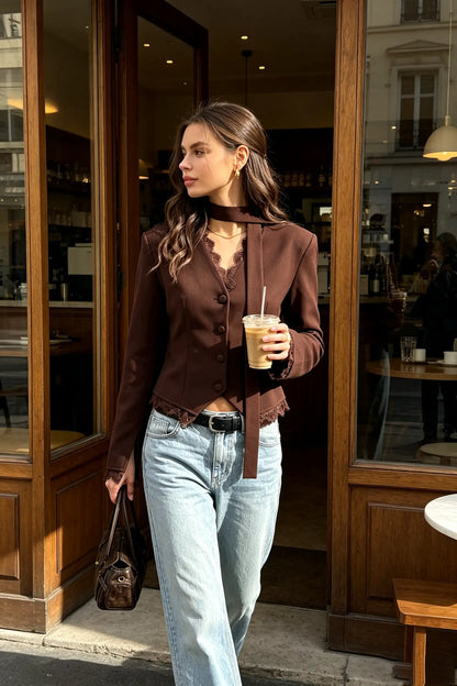 Elegance V-Neck Lace Trim Tailored Blazer with Scarf Accent