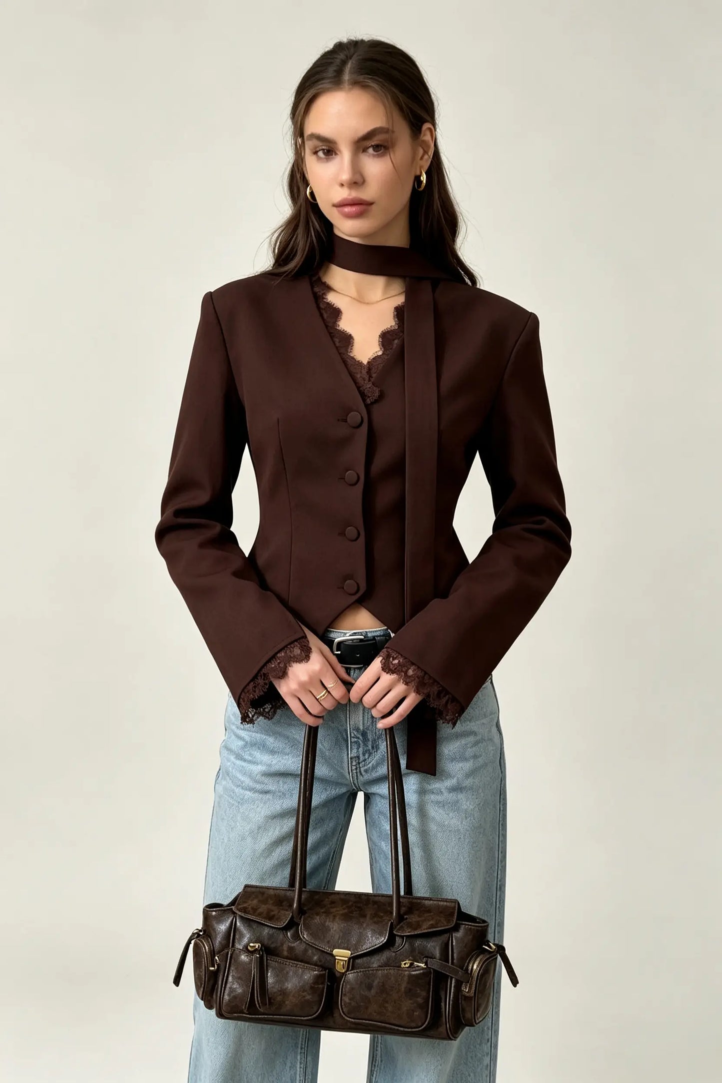 Elegance V-Neck Lace Trim Tailored Blazer with Scarf Accent