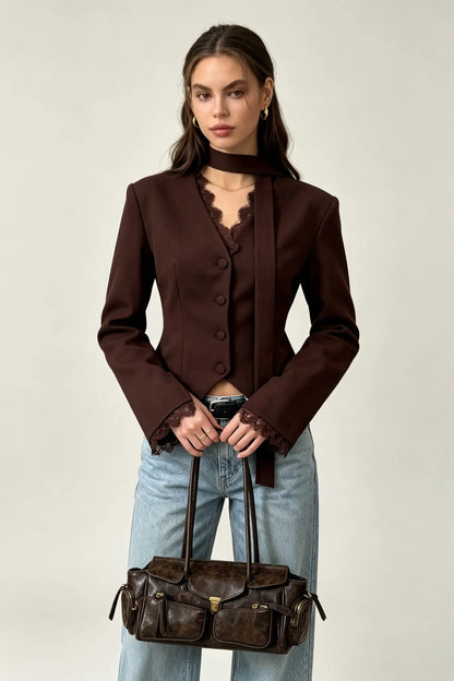 Elegance V-Neck Lace Trim Tailored Blazer with Scarf Accent