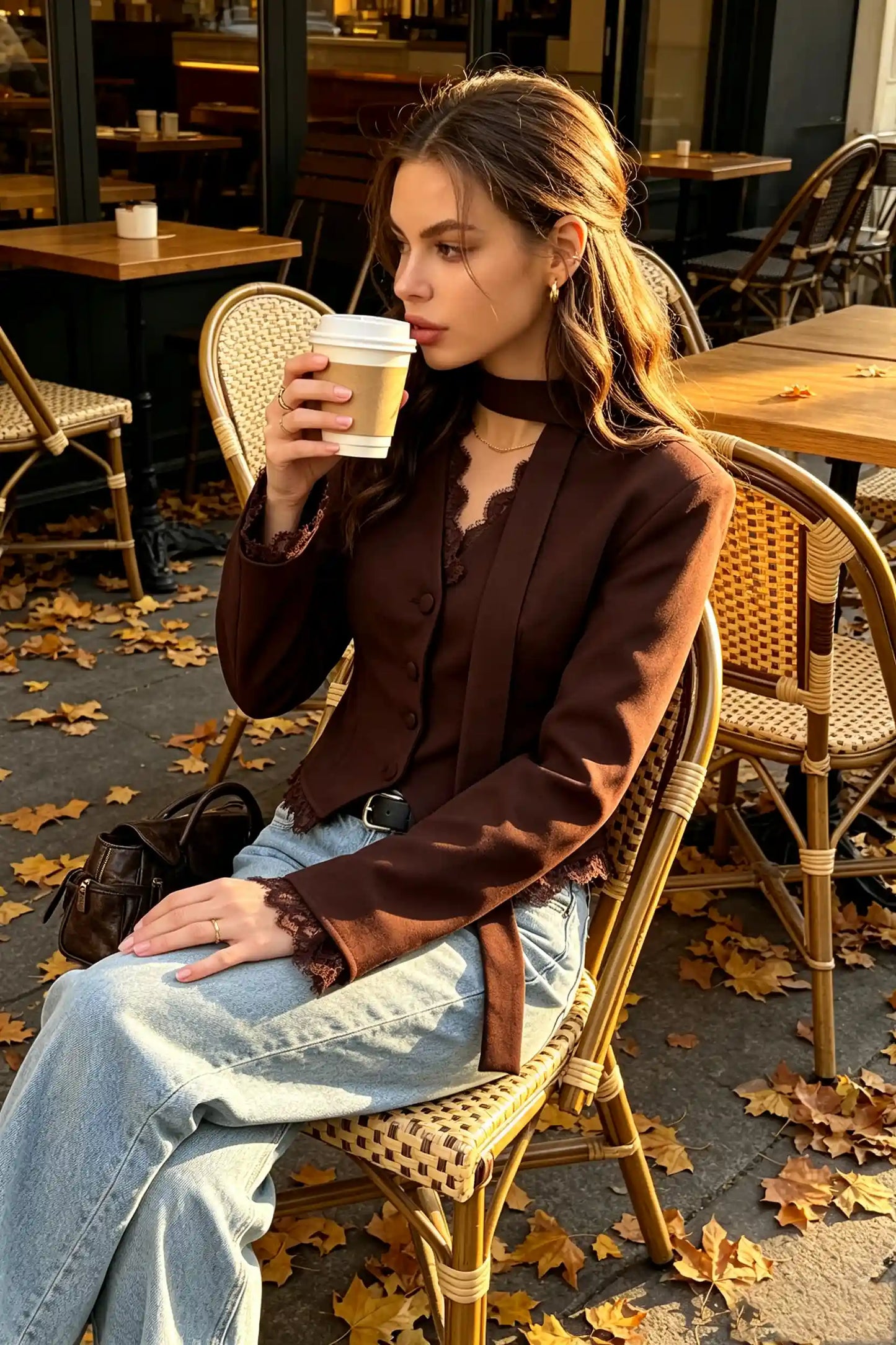 Elegance V-Neck Lace Trim Tailored Blazer with Scarf Accent