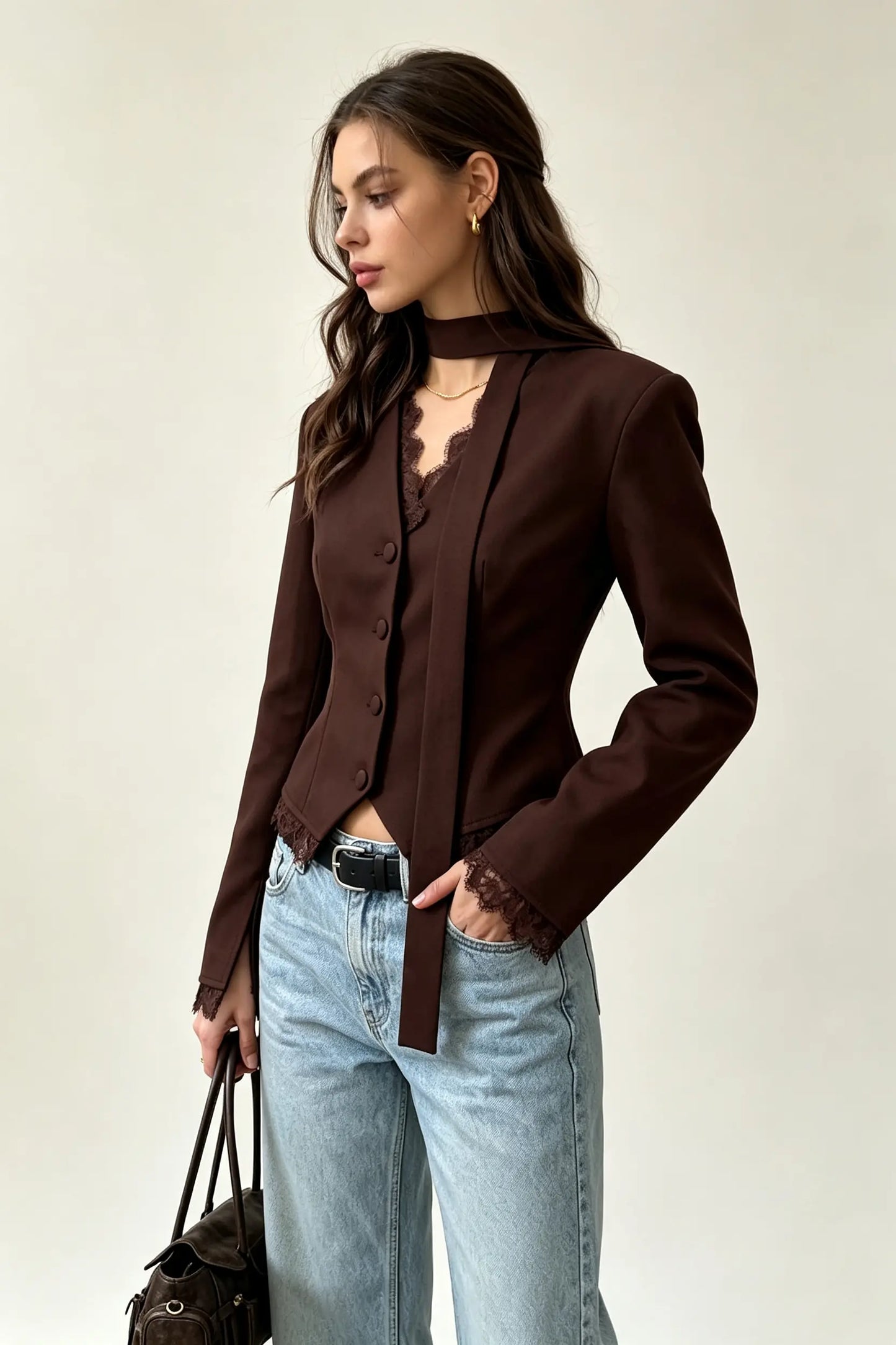 Elegance V-Neck Lace Trim Tailored Blazer with Scarf Accent