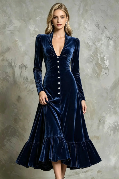 Elegant Velvet Deep V-Neck Button-Front Long Sleeve Maxi Dress with Ruffle Hem