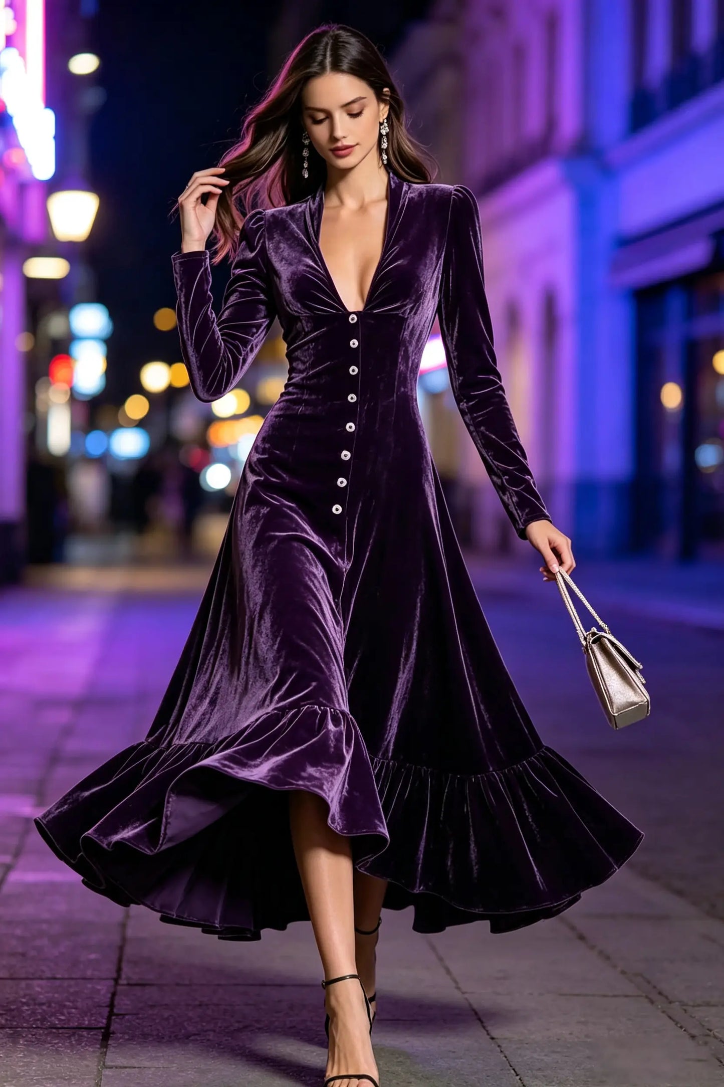 Elegant Velvet Deep V-Neck Button-Front Long Sleeve Maxi Dress with Ruffle Hem