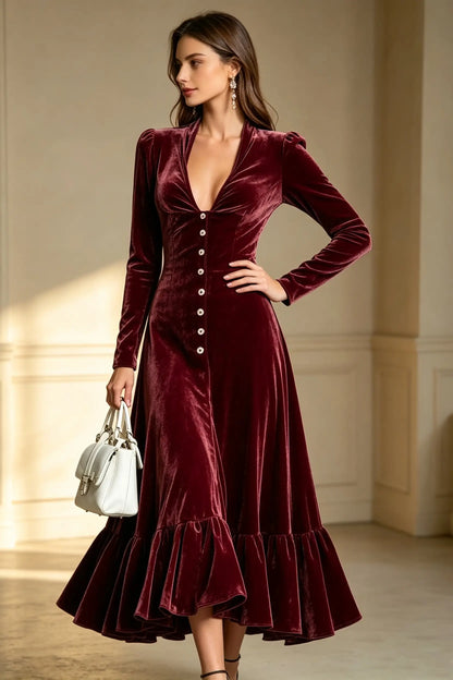 Elegant Velvet Deep V-Neck Button-Front Long Sleeve Maxi Dress with Ruffle Hem
