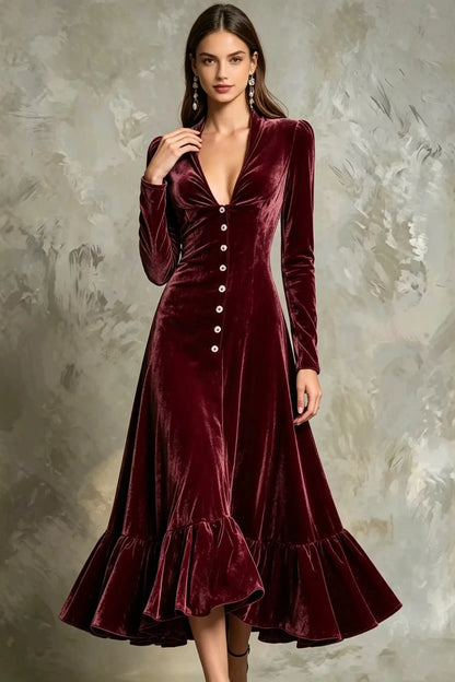 Elegant Velvet Deep V-Neck Button-Front Long Sleeve Maxi Dress with Ruffle Hem