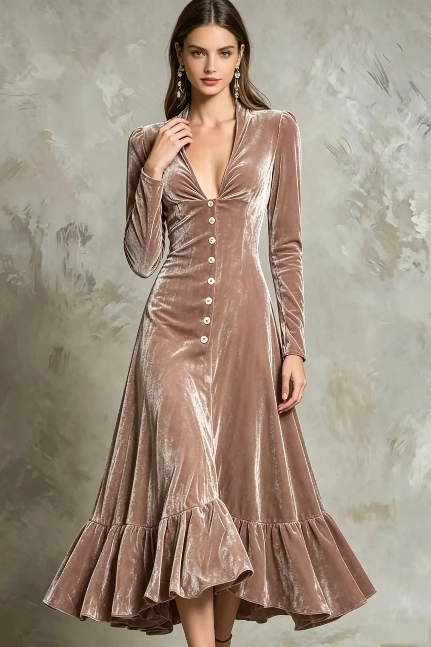 Elegant Velvet Deep V-Neck Button-Front Long Sleeve Maxi Dress with Ruffle Hem