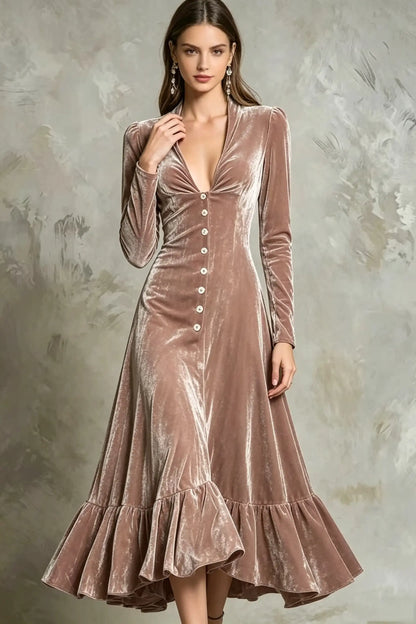 Elegant Velvet Deep V-Neck Button-Front Long Sleeve Maxi Dress with Ruffle Hem