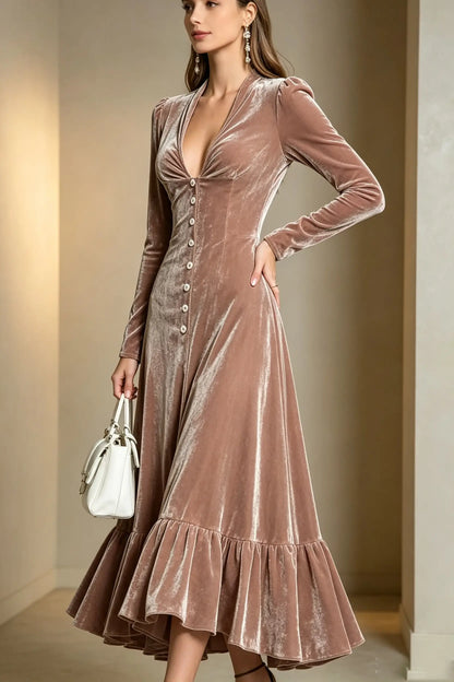 Elegant Velvet Deep V-Neck Button-Front Long Sleeve Maxi Dress with Ruffle Hem