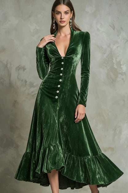 Elegant Velvet Deep V-Neck Button-Front Long Sleeve Maxi Dress with Ruffle Hem