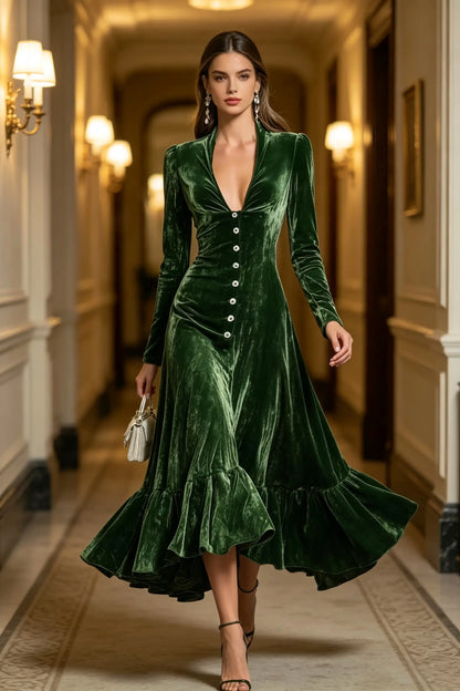 Elegant Velvet Deep V-Neck Button-Front Long Sleeve Maxi Dress with Ruffle Hem